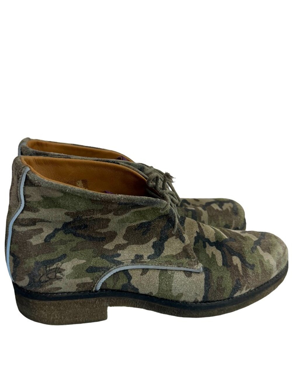 John Fluevog Willy Camo Suede Chukka Boots Lace-Up Purple Tongue Size 10.5 US